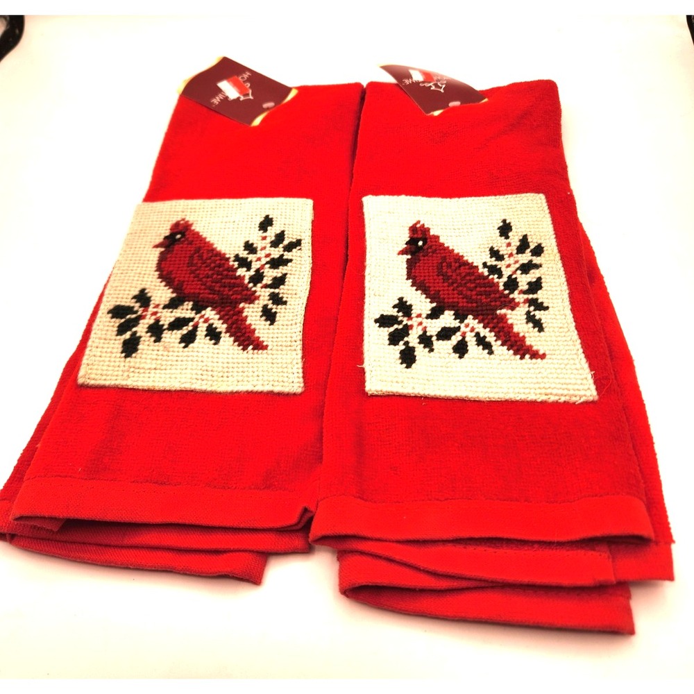 Christmas Red Cardinal Hand Towels (2) Needlepoint Vintage New with Tags